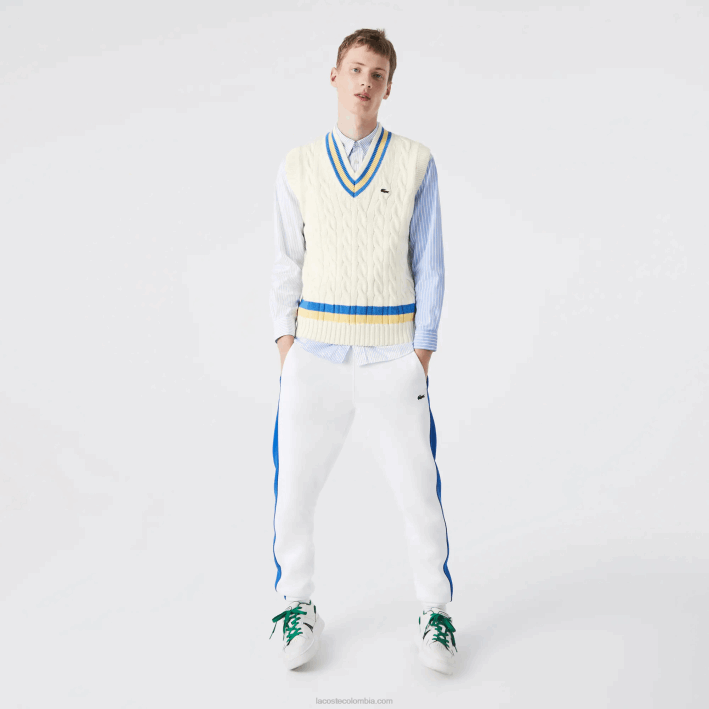 hombres Lacoste 6F241471 blanco amarillo azul 7mz chaleco de lana de ajuste clásico