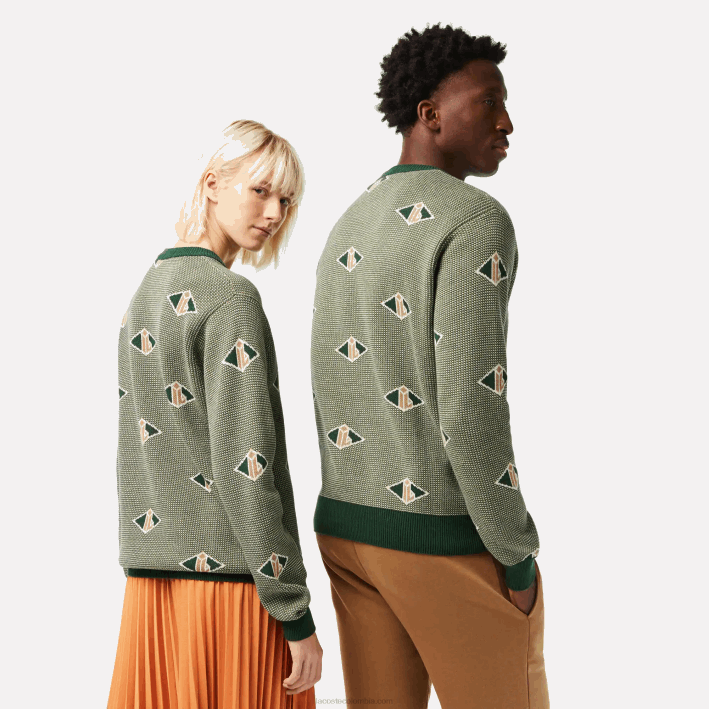 hombres Lacoste 6F241504 verde beige blanco lvt suéter de corte clásico con motivo de monograma