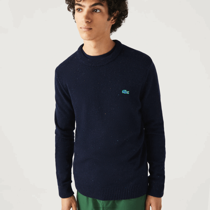 hombres Lacoste 6F241507 azul marino 7cg suéter de corte regular en jersey de lana con estampado jaspeado
