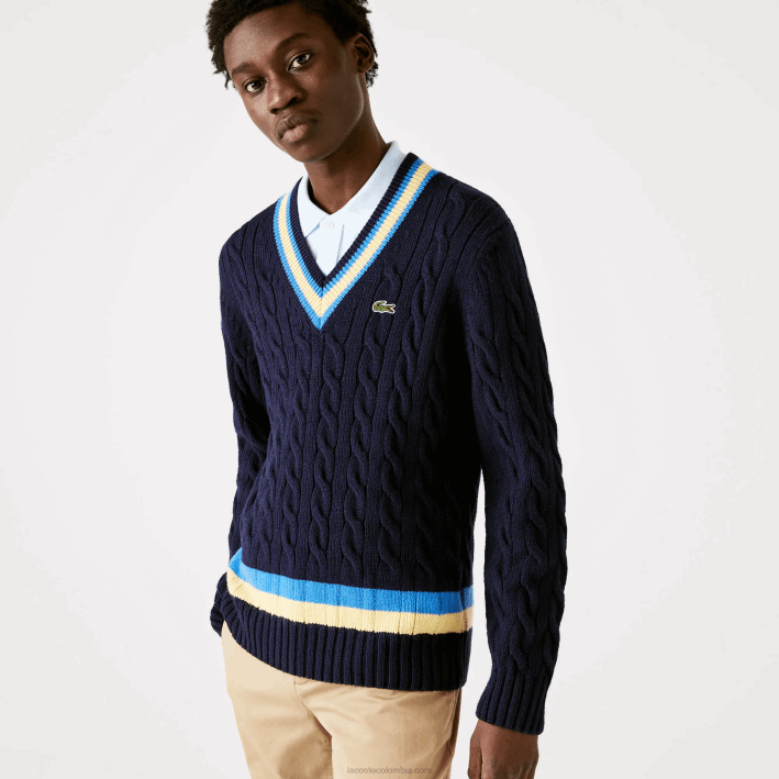 hombres Lacoste 6F241517 azul marino amarillo azul 7kz suéter de corte clásico con rayas en contraste hombres Lacoste 6F241517 azul marino amarillo azul 7kz suéter de corte clásico con rayas en contraste