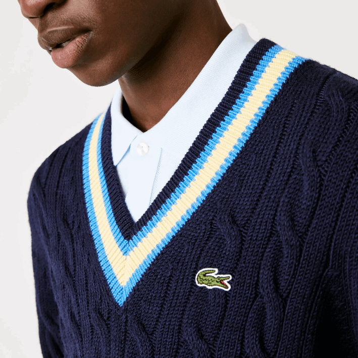 hombres Lacoste 6F241517 azul marino amarillo azul 7kz suéter de corte clásico con rayas en contraste
