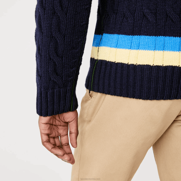 hombres Lacoste 6F241517 azul marino amarillo azul 7kz suéter de corte clásico con rayas en contraste