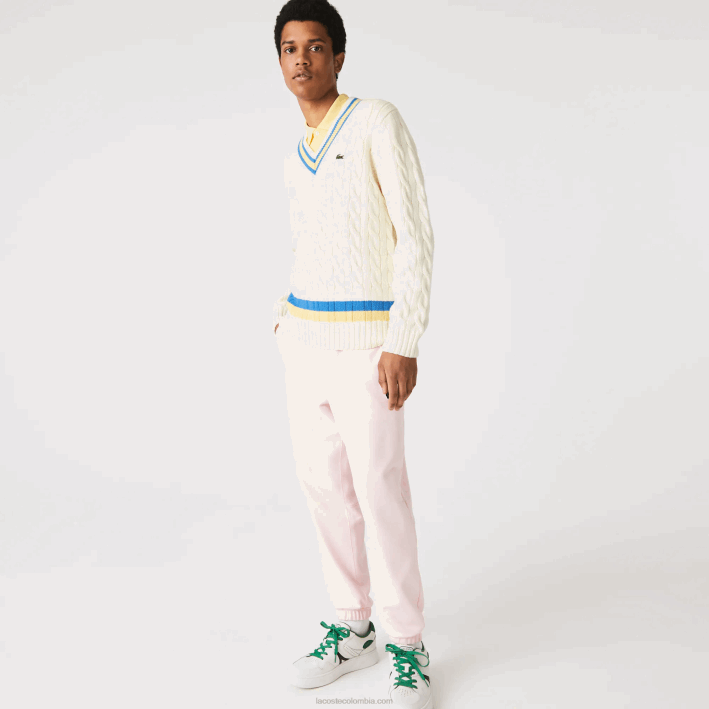 hombres Lacoste 6F241518 blanco amarillo azul 7mz suéter de corte clásico con rayas en contraste
