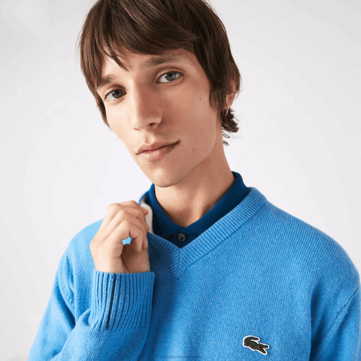 hombres Lacoste 6F241553 azul 4xa jersey de lana con cuello de pico