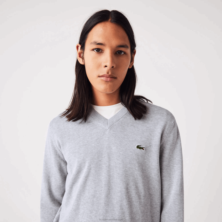 hombres Lacoste 6F241568 lomo gris cca jersey de algodón orgánico con cuello de pico hombres Lacoste 6F241568 lomo gris cca jersey de algodón orgánico con cuello de pico