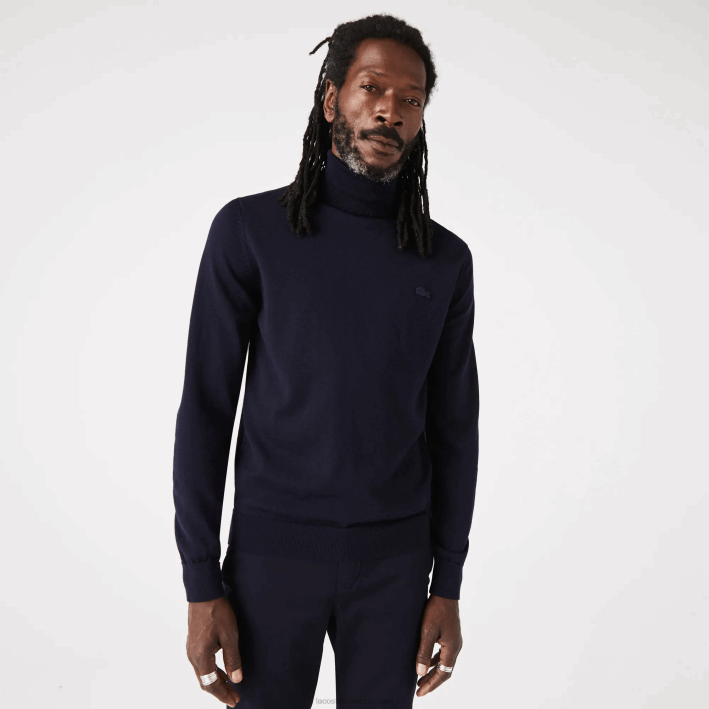 hombres Lacoste 6F241592 azul marino 166 suéter de lana merino con cuello alto