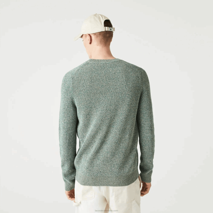 hombres Lacoste 6F241621 blanco verde beige ayq jersey de punto jaspeado con cuello redondo