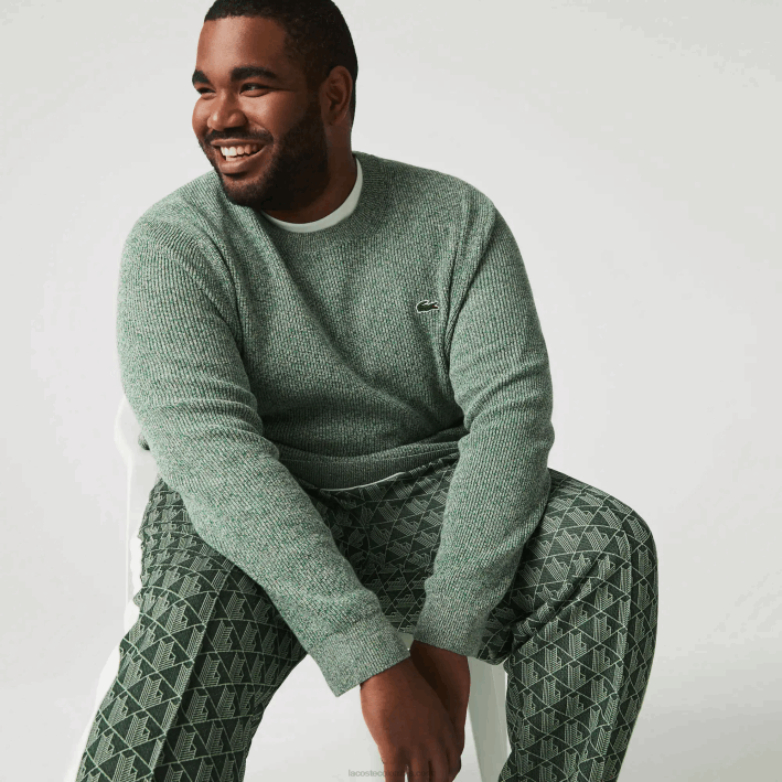 hombres Lacoste 6F241621 blanco verde beige ayq jersey de punto jaspeado con cuello redondo