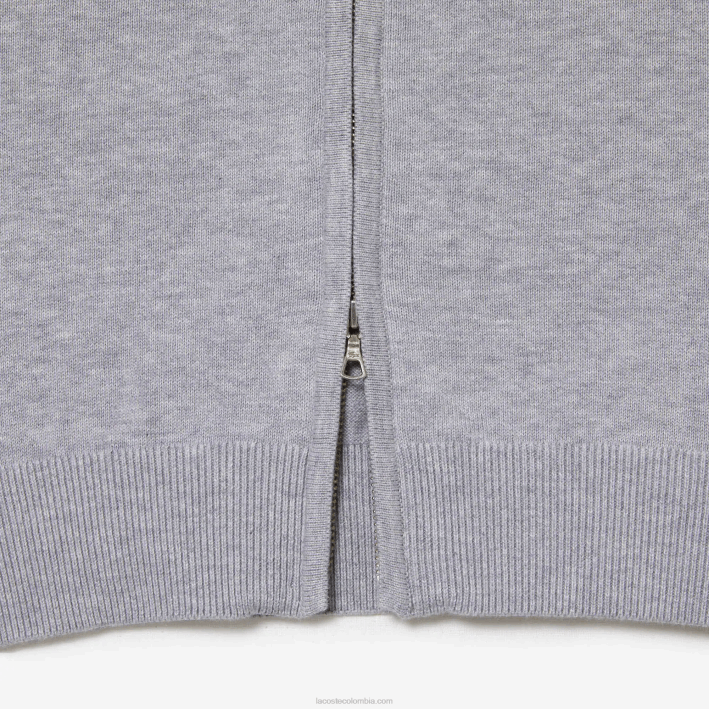 hombres Lacoste 6F24459 lomo gris cca jersey de algodón orgánico con cremallera y cuello alzado