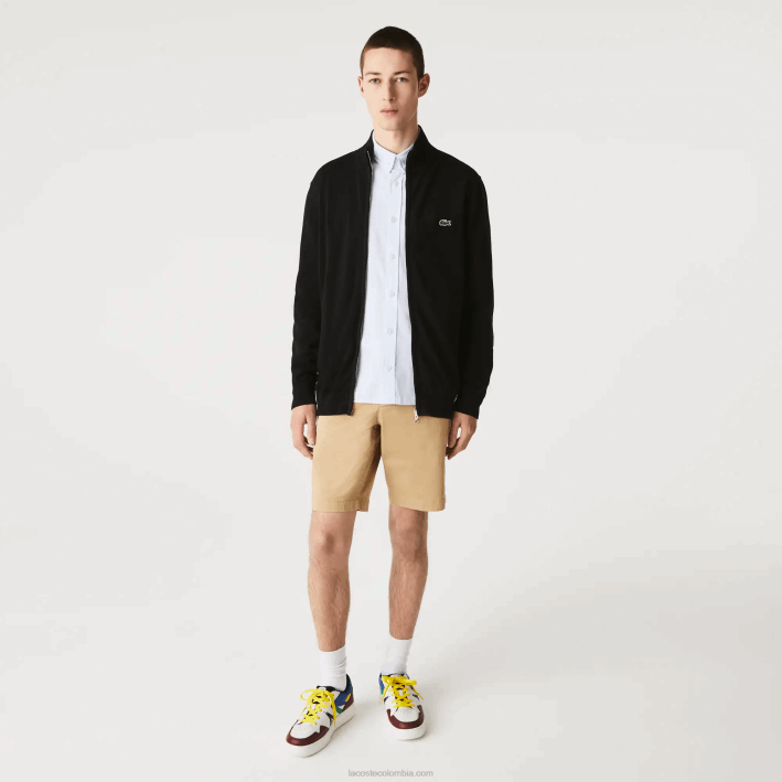 hombres Lacoste 6F24460 negro 031 jersey de algodón orgánico con cremallera y cuello alzado