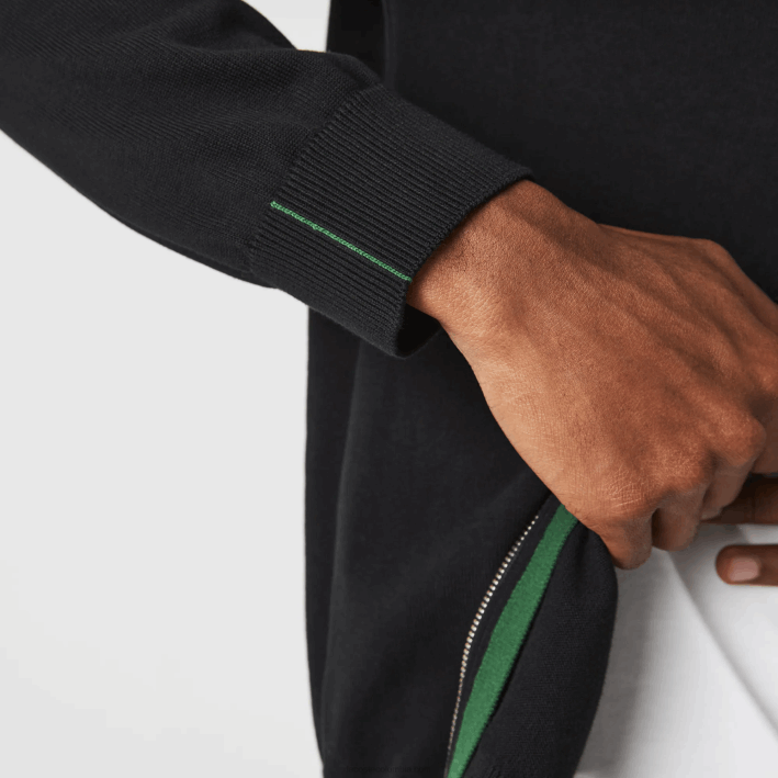 hombres Lacoste 6F24460 negro 031 jersey de algodón orgánico con cremallera y cuello alzado