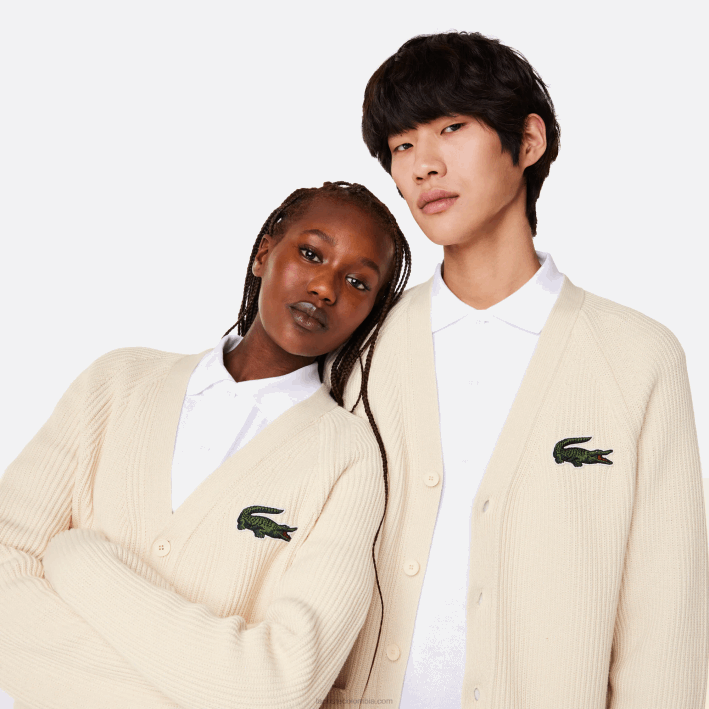 hombres Lacoste 6F24492 xfj blanco cárdigan de algodón orgánico con cuello de pico