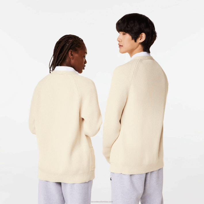hombres Lacoste 6F24492 xfj blanco cárdigan de algodón orgánico con cuello de pico