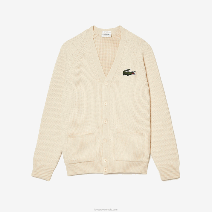 hombres Lacoste 6F24492 xfj blanco cárdigan de algodón orgánico con cuello de pico