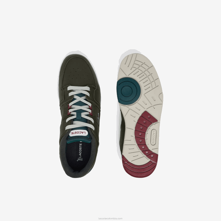 hombres Lacoste 6F241705 caqui y blanco 255 zapatillas Court Cage de cuero con contraste de color