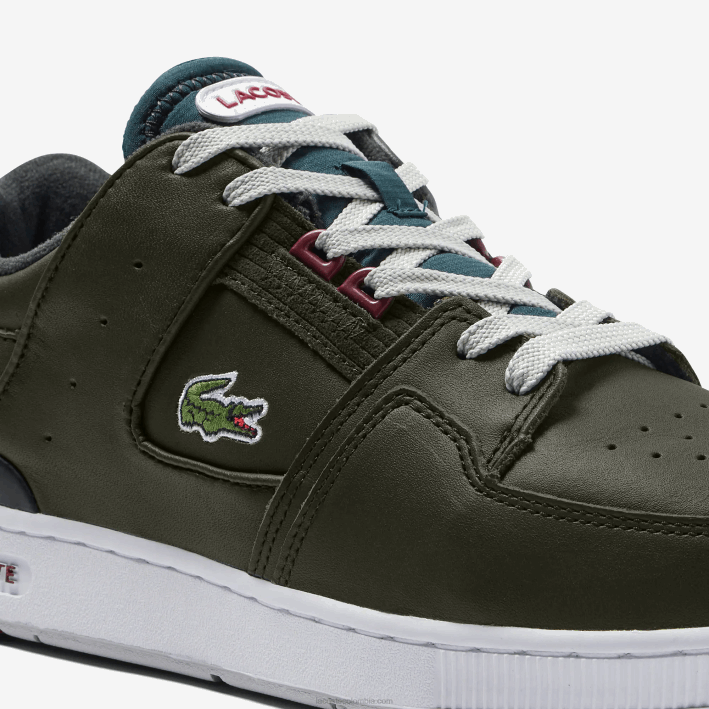hombres Lacoste 6F241705 caqui y blanco 255 zapatillas Court Cage de cuero con contraste de color