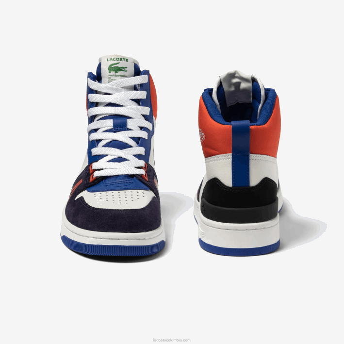 hombres Lacoste 6F241751 blanco y azul marino 042 zapatillas l001 mid de piel con bloques de color