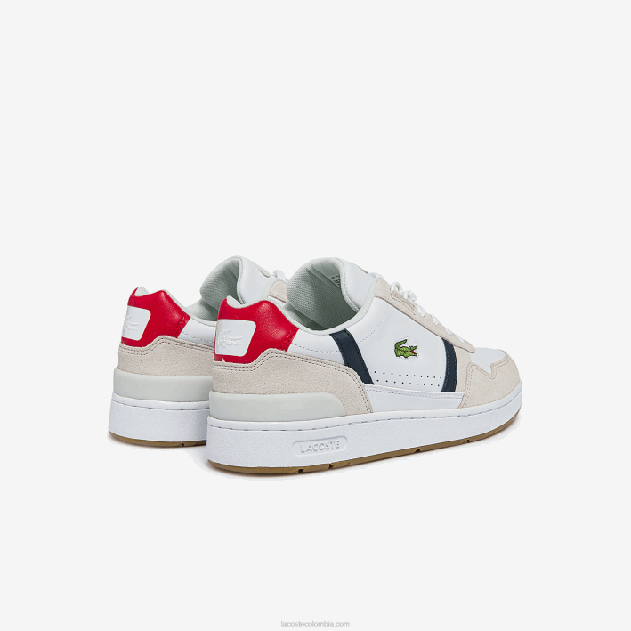 hombres Lacoste 6F241836 blanco/azul marino y rojo 407 zapatillas t-clip tricolor de piel y ante