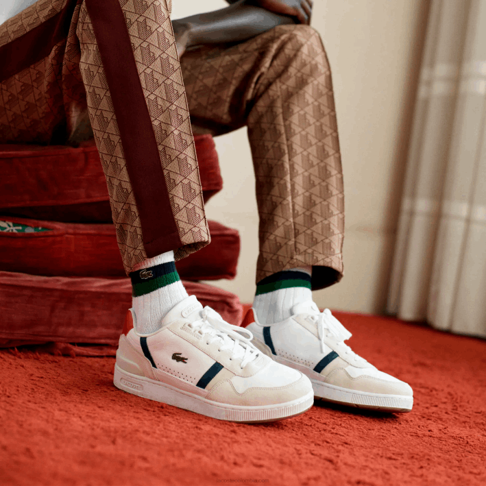 hombres Lacoste 6F241836 blanco/azul marino y rojo 407 zapatillas t-clip tricolor de piel y ante