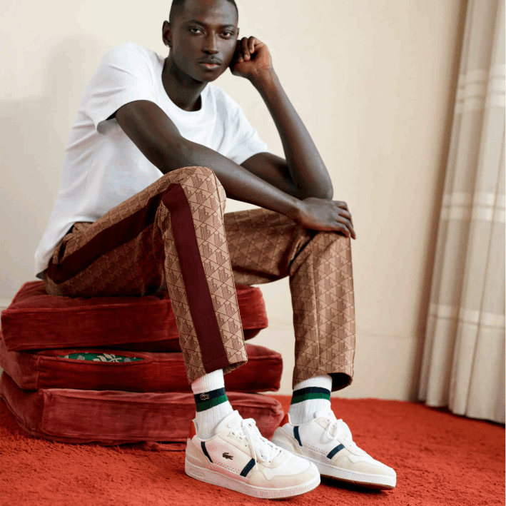 hombres Lacoste 6F241836 blanco/azul marino y rojo 407 zapatillas t-clip tricolor de piel y ante