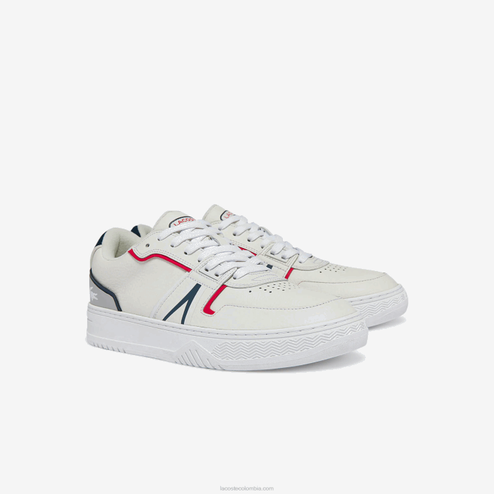 hombres Lacoste 6F241841 blanco/azul marino y rojo 407 zapatillas l001 de piel