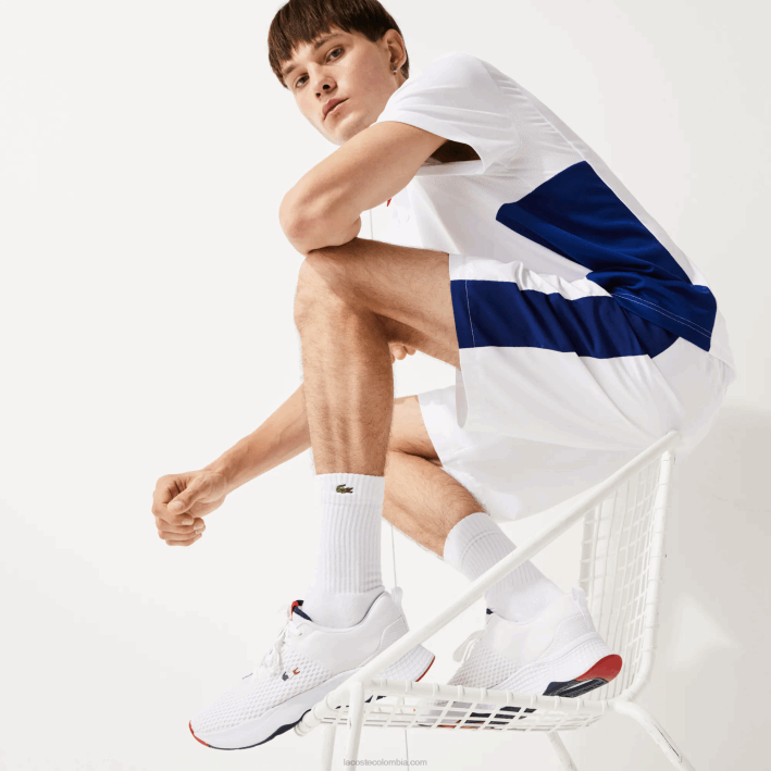 hombres Lacoste 6F241861 blanco/azul marino y rojo 407 zapatillas Court Drive de tejido texturizado
