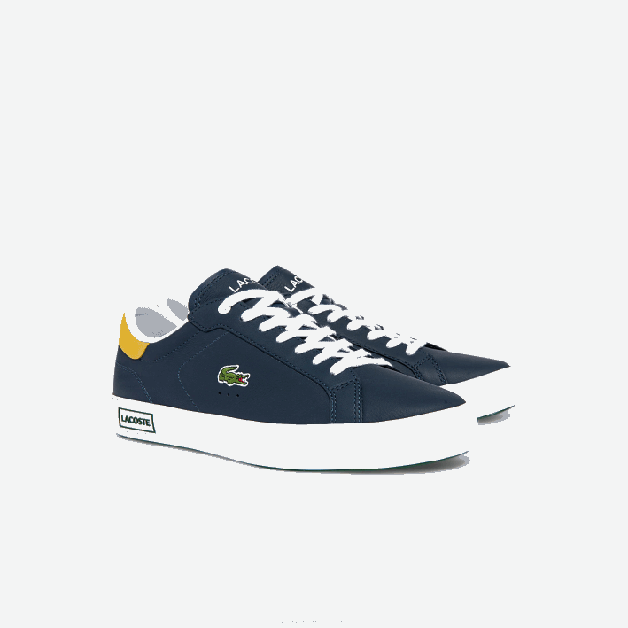 hombres Lacoste 6F241884 amarillo marino 2m3 tenis powercourt con detalles de cuero