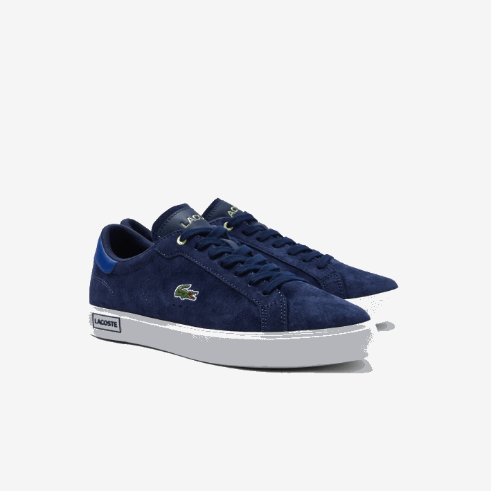 hombres Lacoste 6F241900 azul marino y blanco roto j18 zapatillas powercourt de piel en contraste de color