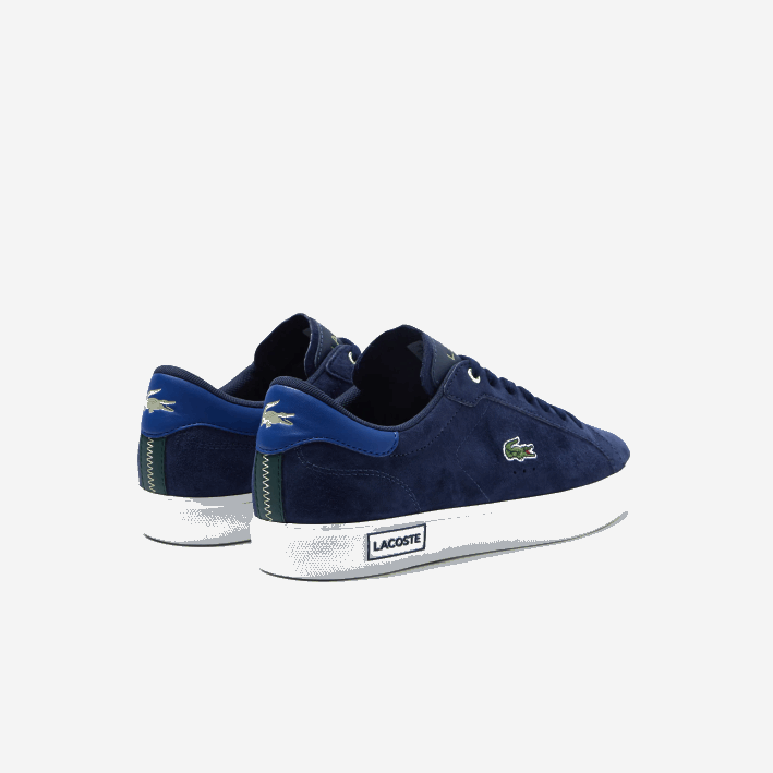 hombres Lacoste 6F241900 azul marino y blanco roto j18 zapatillas powercourt de piel en contraste de color