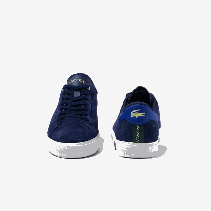 hombres Lacoste 6F241900 azul marino y blanco roto j18 zapatillas powercourt de piel en contraste de color