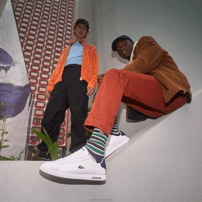 hombres Lacoste 6F241912 blanco y azul marino 042 zapatillas graduadas de piel