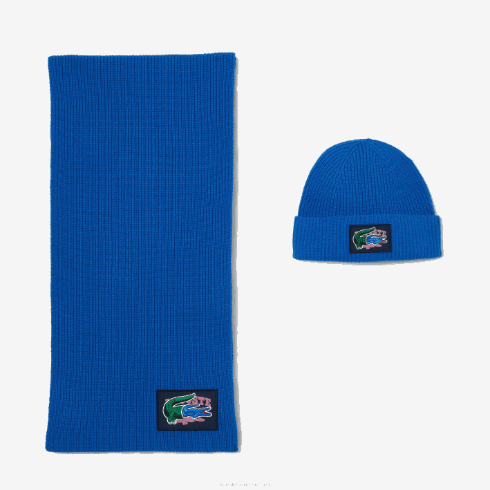 mujer Lacoste 6F241689 k1q azul set de regalo de gorro y bufanda de lana acanalada