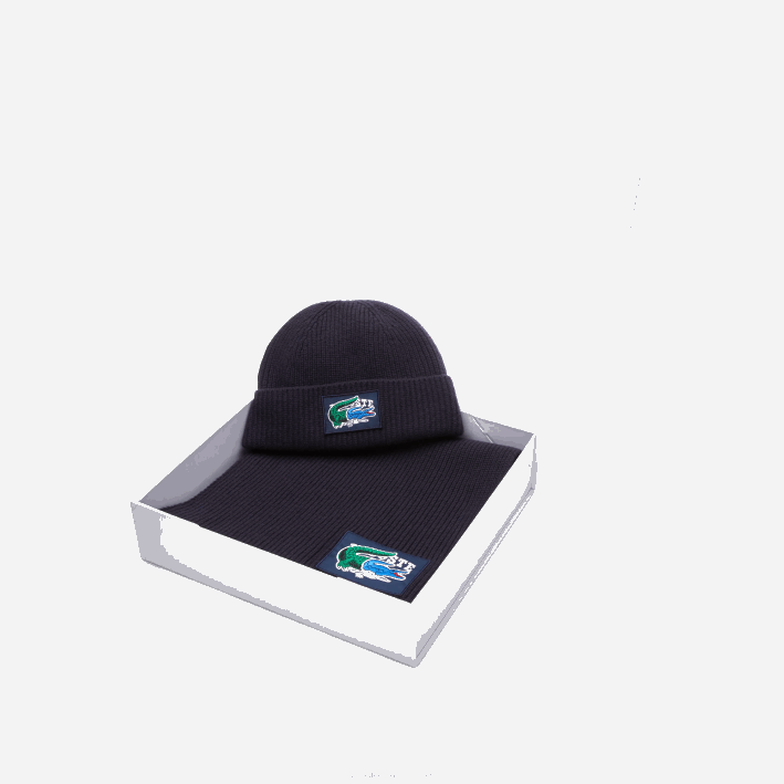 mujer Lacoste 6F241691 azul marino 166 set de regalo de gorro y bufanda de lana acanalada
