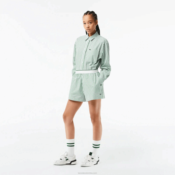 mujer Lacoste 6F242455 blanco caqui verde vi4 shorts de popelina de algodón a rayas
