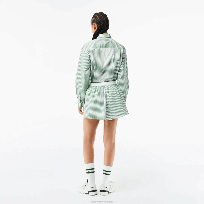 mujer Lacoste 6F242455 blanco caqui verde vi4 shorts de popelina de algodón a rayas