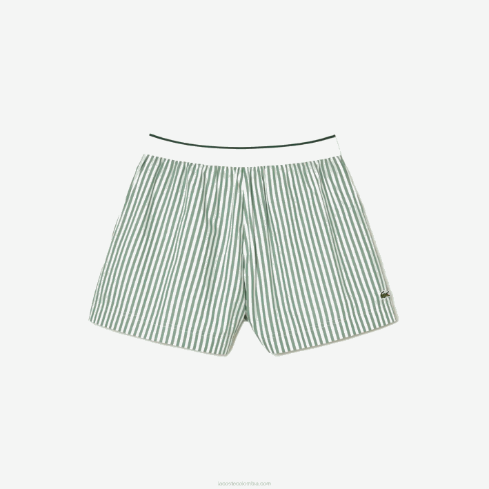 mujer Lacoste 6F242455 blanco caqui verde vi4 shorts de popelina de algodón a rayas