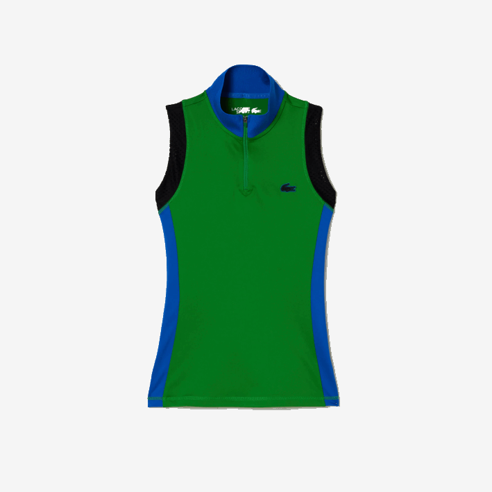 mujer Lacoste 6F242357 verde azul negro 8hj polo de tenis sin mangas con cremallera en el cuello mujer Lacoste 6F242357 verde azul negro 8hj polo de tenis sin mangas con cremallera en el cuello