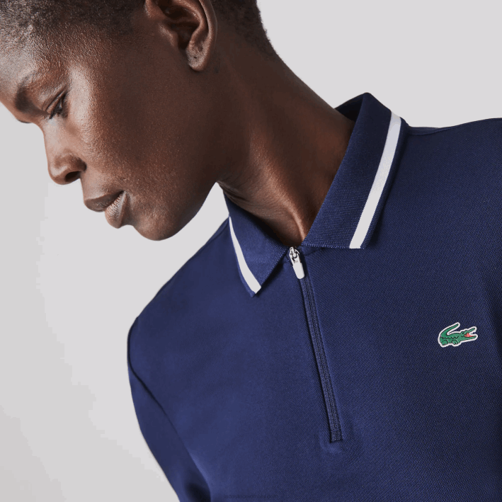 mujer Lacoste 6F242466 azul marino blanco 525 Polo deportivo de golf con cremallera en el cuello