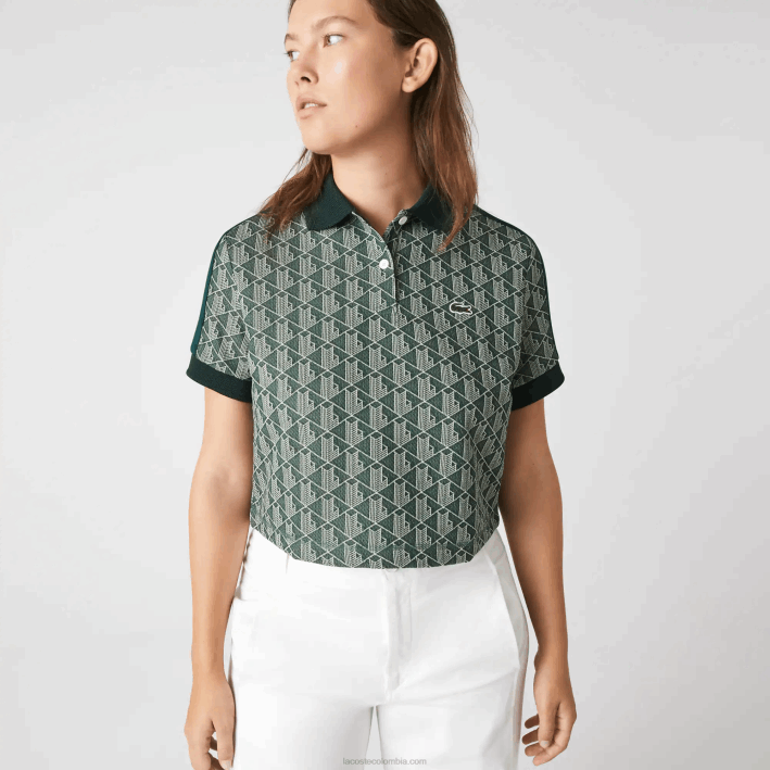 mujer Lacoste 6F242474 beige verde 7m4 playera tipo polo con estampado de monograma