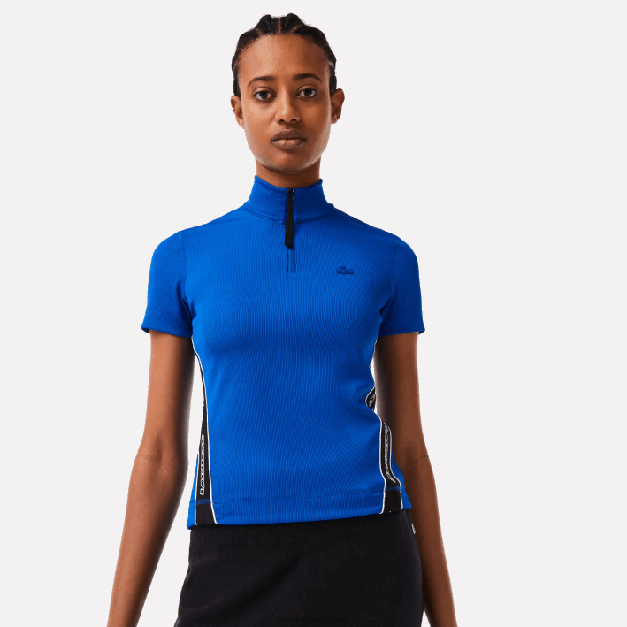 mujer Lacoste 6F242477 k1q azul polo con cremallera en el cuello y bandas en contraste mujer Lacoste 6F242477 k1q azul polo con cremallera en el cuello y bandas en contraste