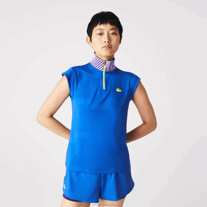 mujer Lacoste 6F242501 azul violeta amarillo 2g4 polo deportivo de tenis con cremallera y cuello alto