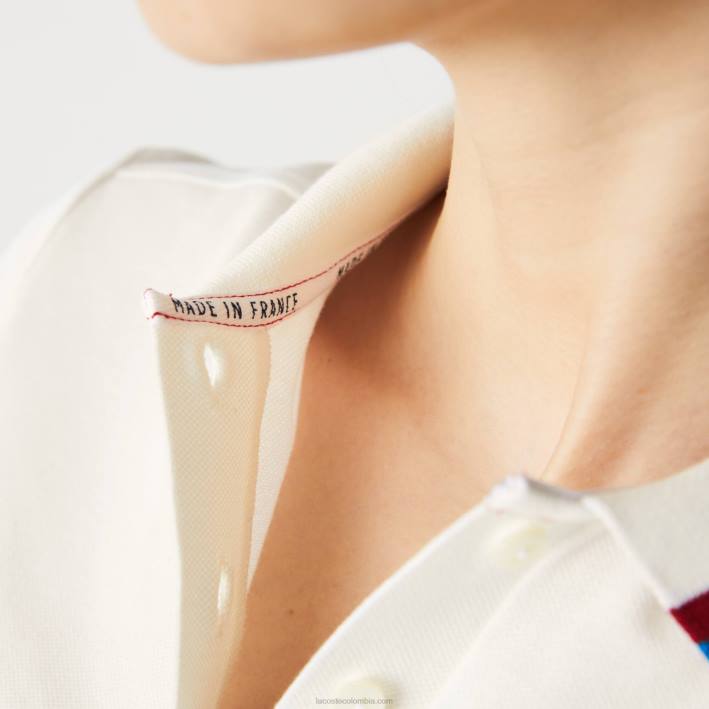 mujer Lacoste 6F242507 blanco rojo azul xkp Polo slim fit de piqué de algodón orgánico fabricado en Francia