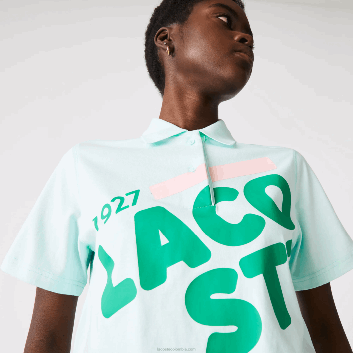 mujer Lacoste 6F242526 color turquesa polo de corte holgado de algodón orgánico con estampado