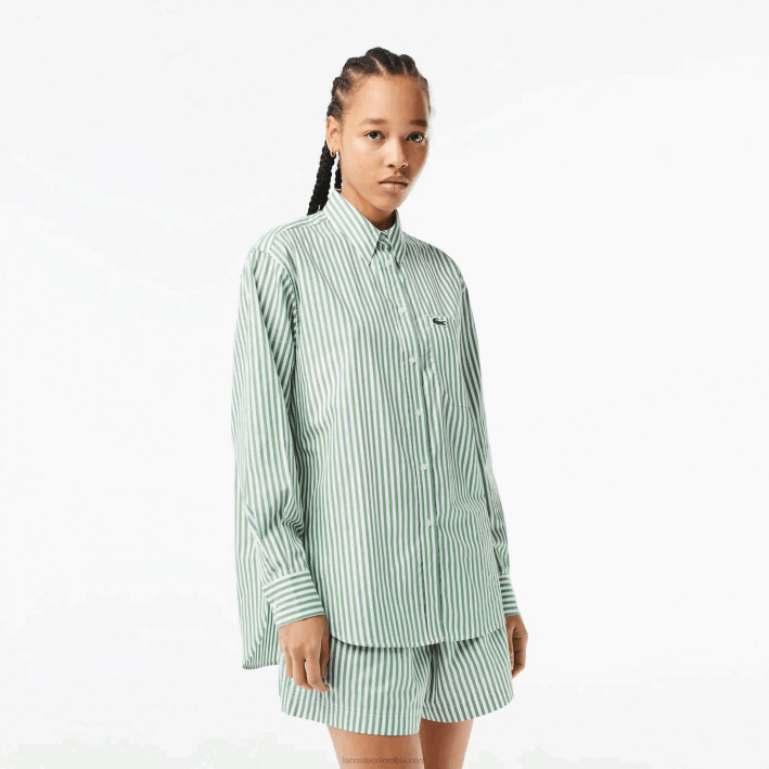 mujer Lacoste 6F242448 blanco caqui verde vi4 camisa de popelina de algodón a rayas