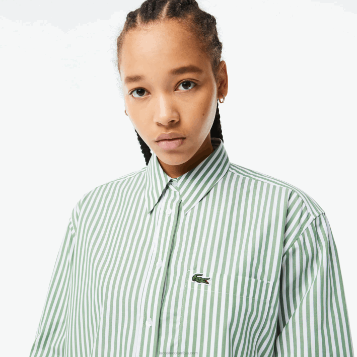 mujer Lacoste 6F242448 blanco caqui verde vi4 camisa de popelina de algodón a rayas