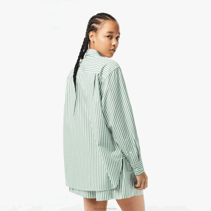 mujer Lacoste 6F242448 blanco caqui verde vi4 camisa de popelina de algodón a rayas