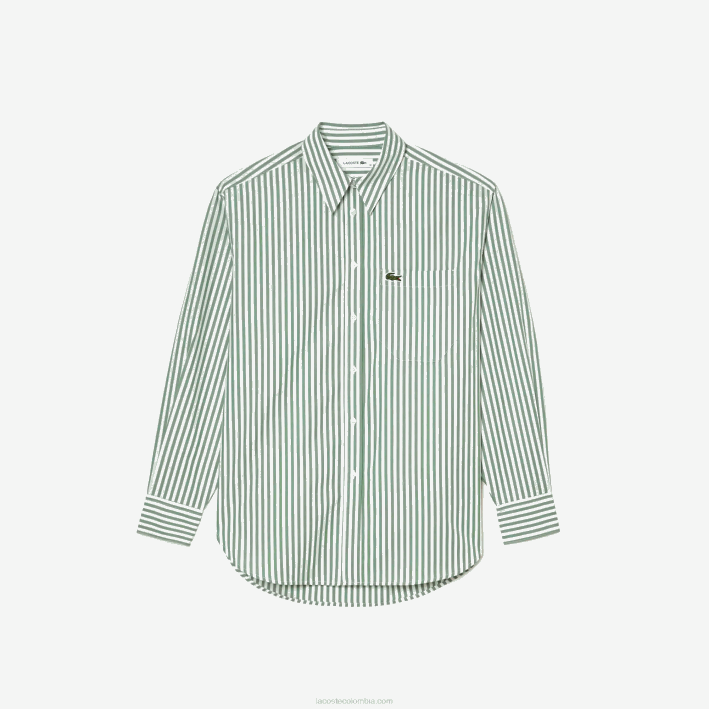 mujer Lacoste 6F242448 blanco caqui verde vi4 camisa de popelina de algodón a rayas