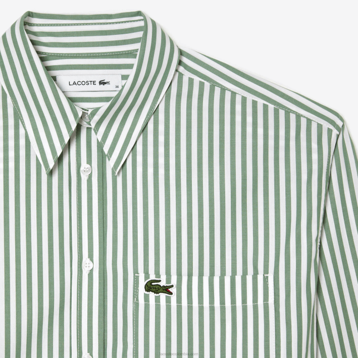 mujer Lacoste 6F242448 blanco caqui verde vi4 camisa de popelina de algodón a rayas