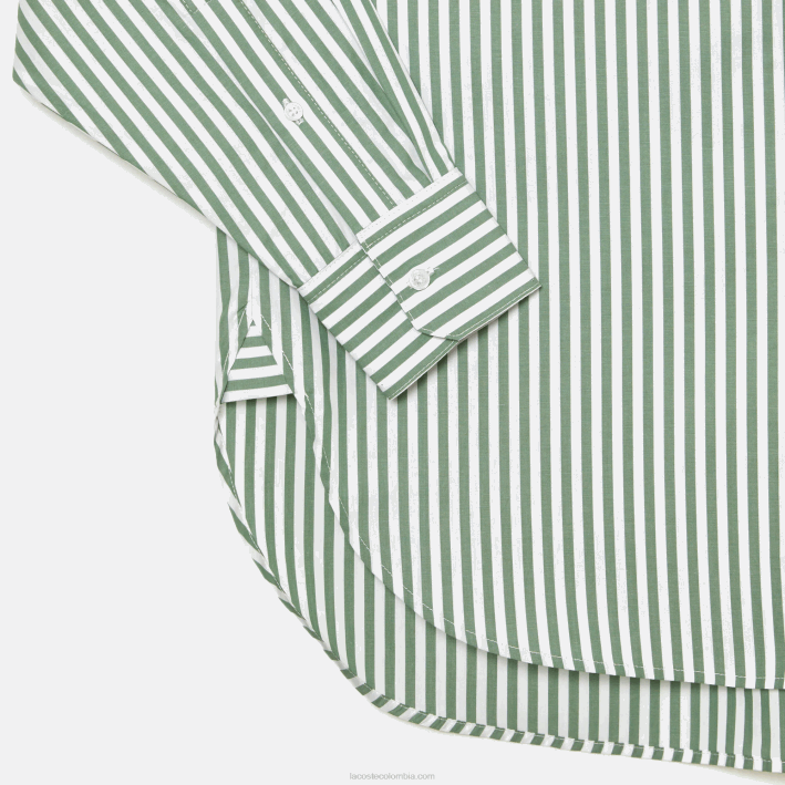 mujer Lacoste 6F242448 blanco caqui verde vi4 camisa de popelina de algodón a rayas