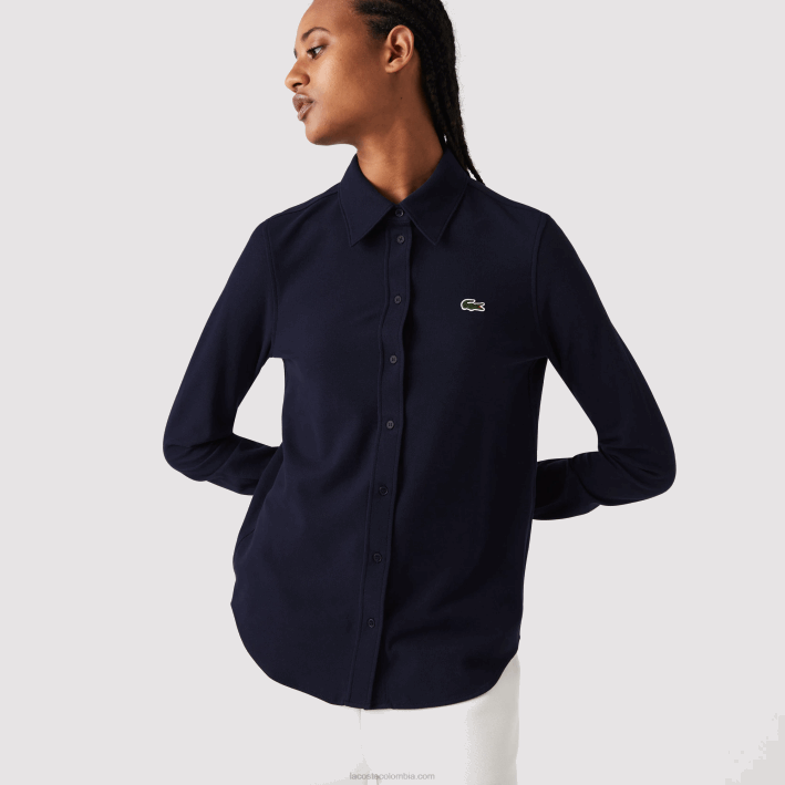 mujer Lacoste 6F242649 azul marino 166 camisa de piqué de algodón con cuello francés